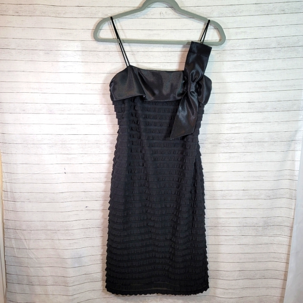 VINTAGE JOSEPH RIBKOFF RUFFLE TIERED LITTLE BLACK DRESS, W FRONT SATIN BOW, SZ 8